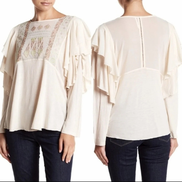 Free People La Cienega Embroidered Top Ruffled Layered Lace Eyelet Bohemian XS - Picture 7 of 16